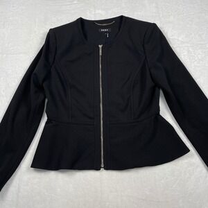 DKNY Womens Black Collarless Zip Front Peplum Blazer Jacket Size 10 Office Wear
